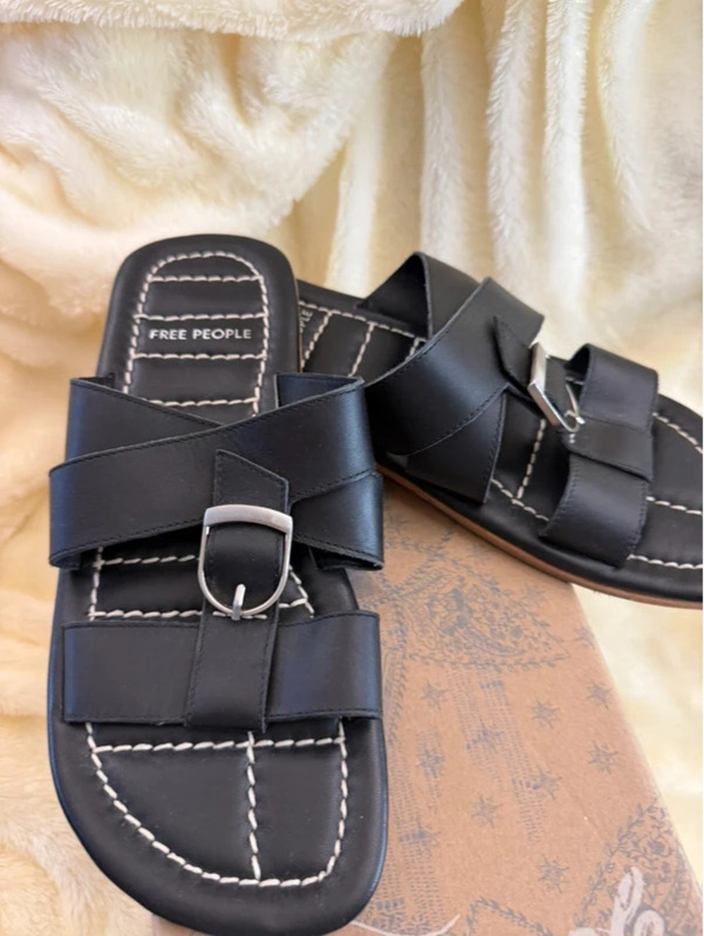 Brand New -in the box-Free People Leather -Stormy Sea- Buckle Black Sandals